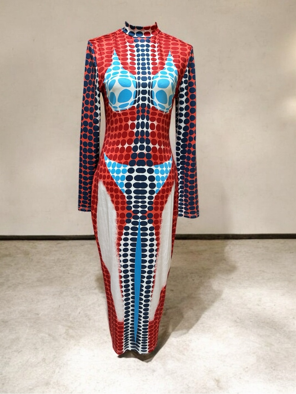 Women’s Hi Neck Bold Orange Blue Dot Geometric Body Print Body Con Midi Dress Lg
